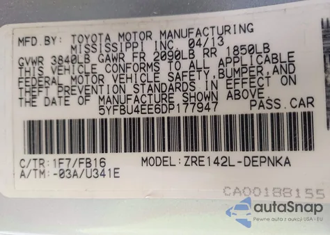 2013 Toyota Corolla Le из США, поврежденный, VIN 5YFBU4EE6DP177947